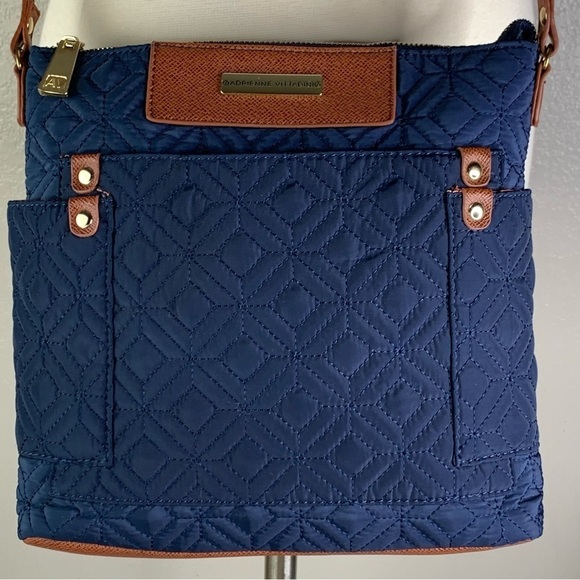 Navy Quilted Fabric Crossbody with Cognac Adjustable Strap Gold Accents Top Zip - Picture 4 of 16